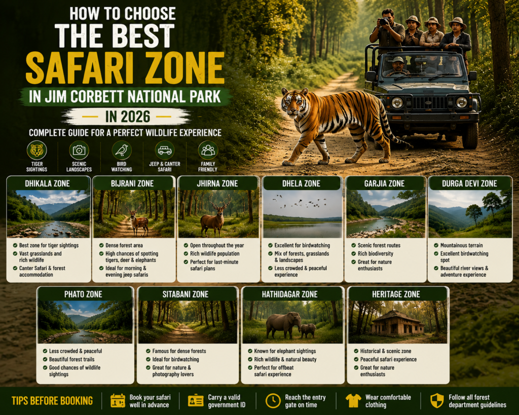 Best safari zone in Jim Corbett National Park 2026 with Dhikala, Bijrani, Jhirna, Dhela, Garjia, Phato and Sitabani zones