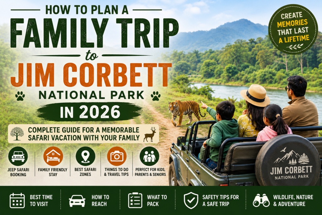 Family enjoying a Jeep Safari in Jim Corbett National Park during a wildlife trip in 2026