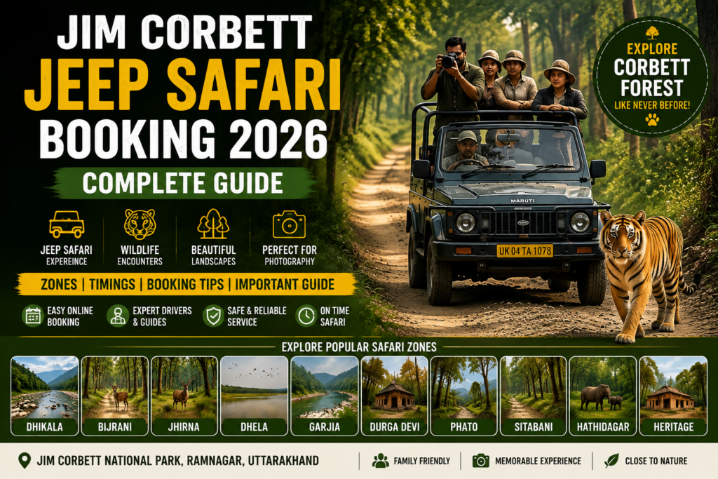 Jim Corbett Jeep Safari Booking 2026 with open jeep safari in forest and wildlife experience