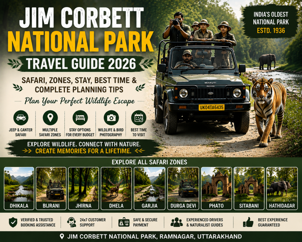 Jim Corbett National Park Travel Guide 2026 with jeep safari, canter safari, wildlife experience and safari zones