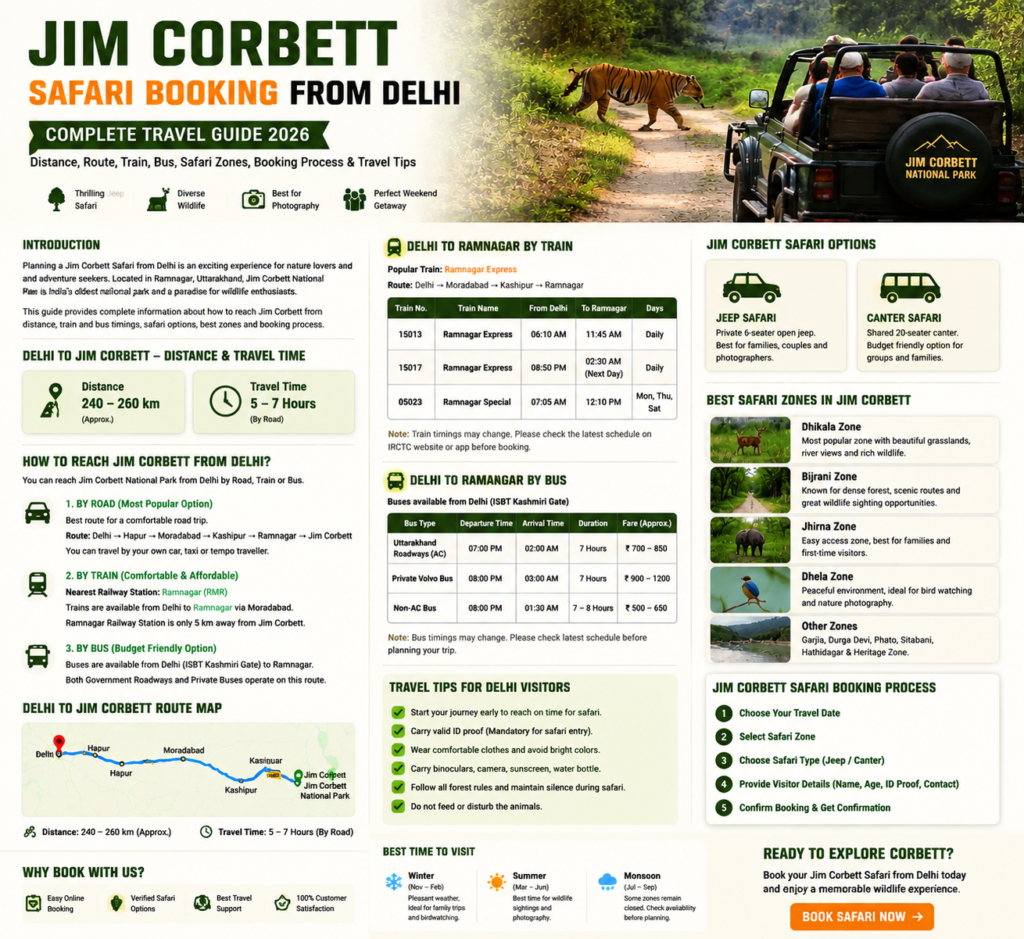Jim Corbett Safari Booking from Delhi 2026 travel guide showing route map, Jeep Safari, safari zones and travel information