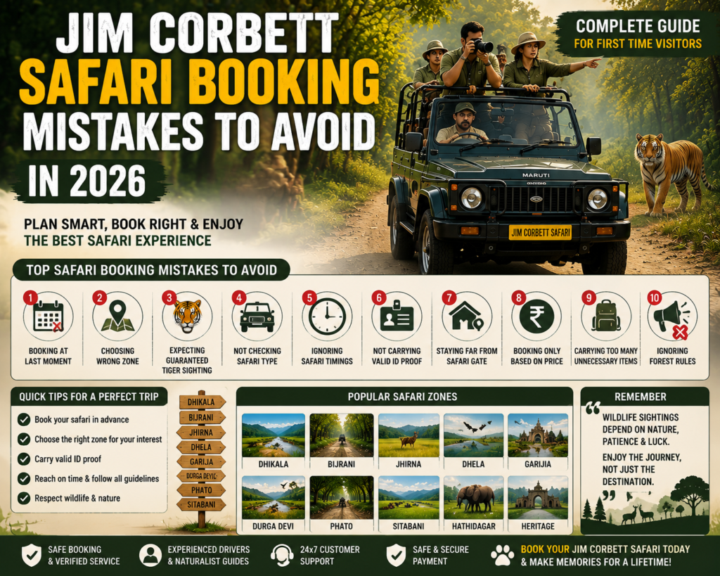 Jim Corbett Safari Booking Mistakes to Avoid in 2026 with safari jeep, tiger, forest guide and travel tips for visitors