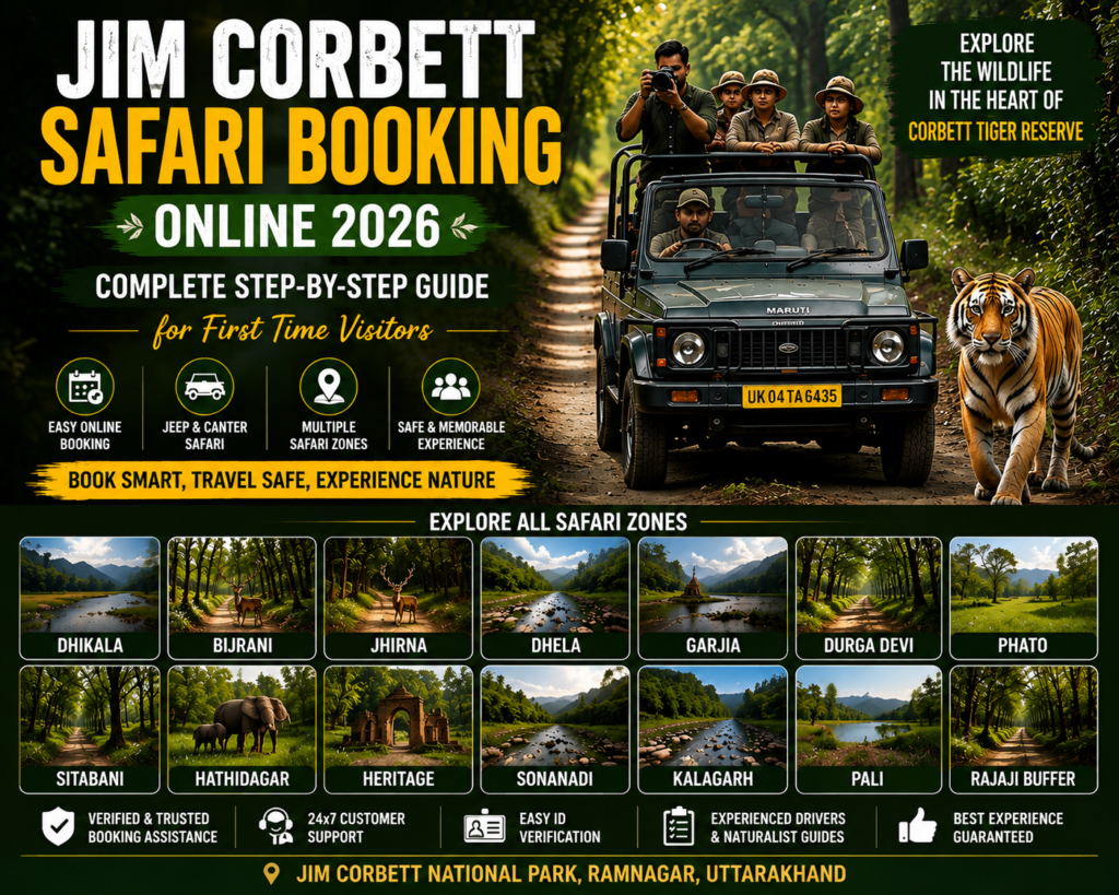 Jim Corbett Safari Booking Online 2026 with jeep safari, canter safari and popular safari zones in Corbett National Park
