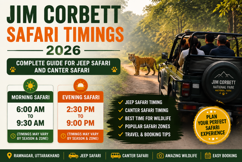 Jim Corbett Safari Timings 2026 guide showing Jeep Safari and Canter Safari timings, wildlife experience and safari information