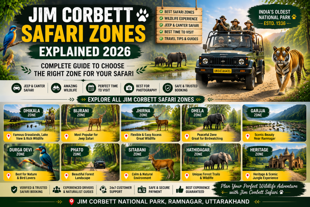 Jim Corbett Safari Zones Explained 2026 with Dhikala, Bijrani, Jhirna, Dhela, Garjia, Durga Devi, Phato, Sitabani, Hathidagar and Heritage zones