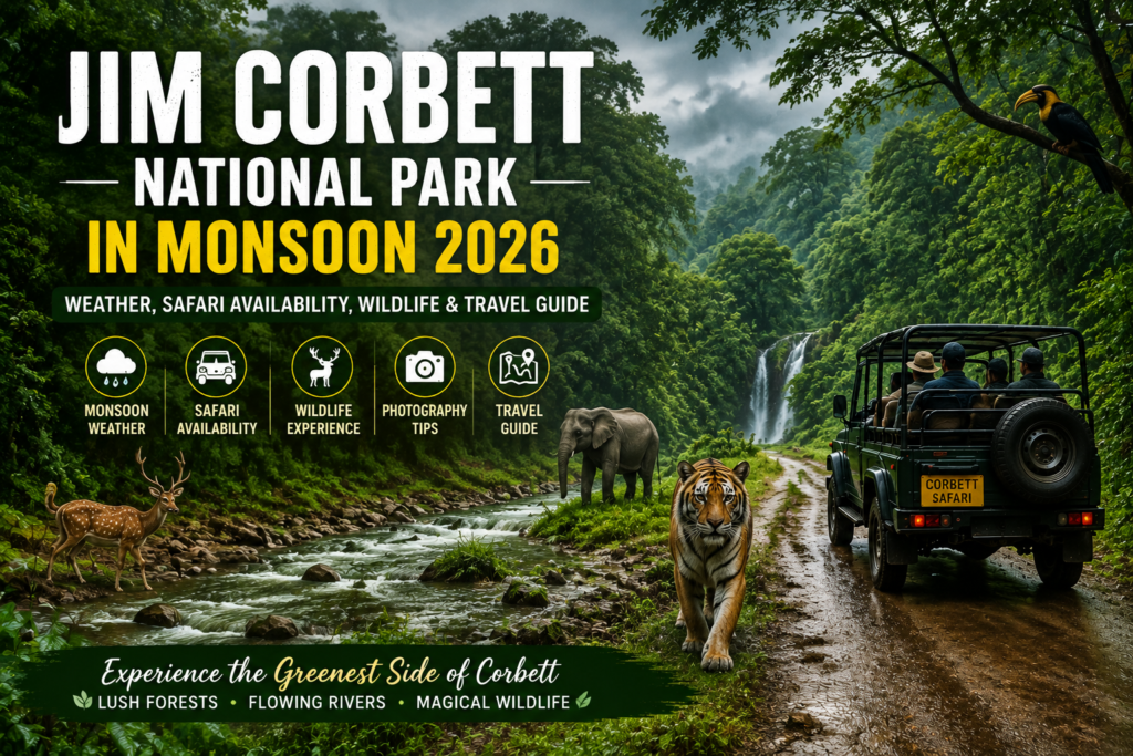 Jim Corbett National Park in monsoon 2026 with lush green jungle, tiger, elephant, deer and safari jeep experience