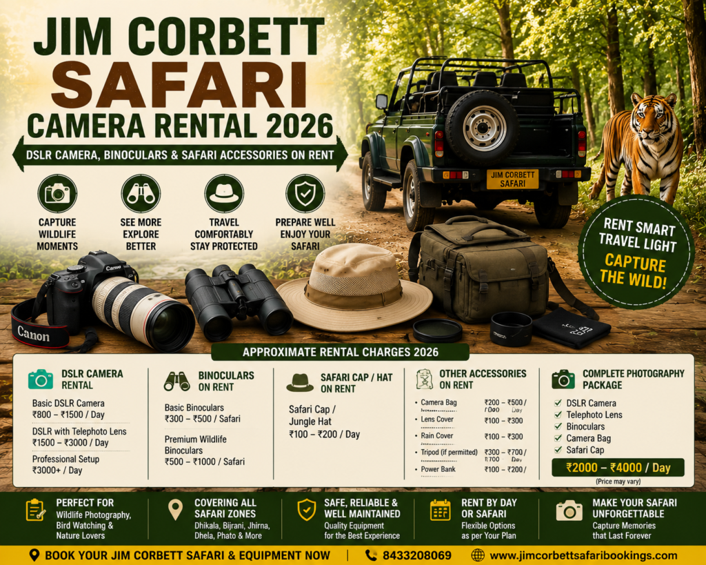 Jim Corbett Safari Camera Rental 2026 with DSLR camera, binoculars and safari accessories on rent