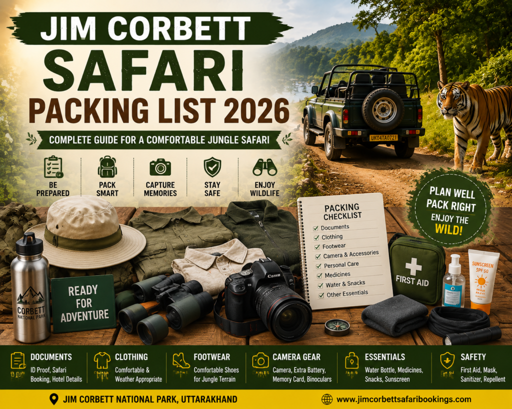 Jim Corbett Safari Packing List 2026 with jungle safari essentials, camera, binoculars and travel items