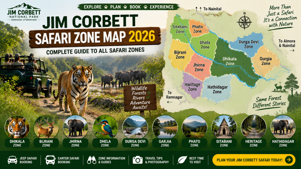 Jim Corbett Safari Zone Map 2026 showing Dhikala, Bijrani, Jhirna and other safari zones